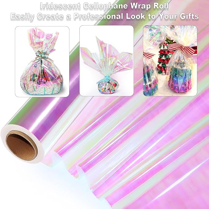 SYOGUA Iridescent Cellophane Wrap Roll, 34 in X 50 Ft, Ideal for Gift Baskets, Fairy Wings, DIY Crafts, Birthday & Christmas Gifts Wrapping