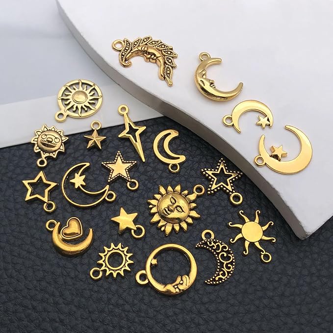 WOCRAFT 60pcs Antique Gold Sun Moon Star Charms Bracelet Charms for Jewelry Making Sets DIY Necklace Bracelet Keychain Crafting Charms Kit Craft Supplies (SN834)