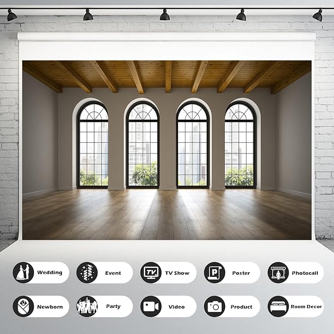 Empty Room Backdrop Concrete Walls Wooden Floor with Big Arched Windows Dance Photography Background Empty Loft Style with Brick Wall Photography Party Decorations Photo Studio Props 20x10ft