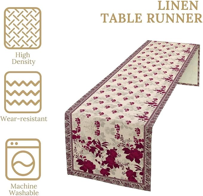 Elegant Floral Table Runner, Vintage Burgundy Maroon Flowers Classic Art Table Decoration Runner for Kitchen Dining Holiday Party Wedding Home Decor, 13x120 Inch