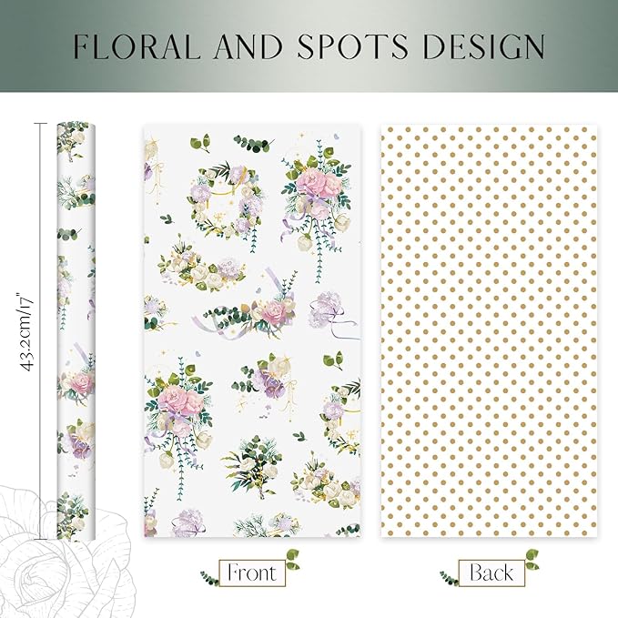 WERNNSAI Floral Wrapping Paper Roll - 1 Roll 17” x 33 ft Wedding Wrapping Paper White Flower Gift Wrap for Girl Women Birthday Wedding Bridal Shower Engagement Mother's Day Favors Reversible Polka Dot