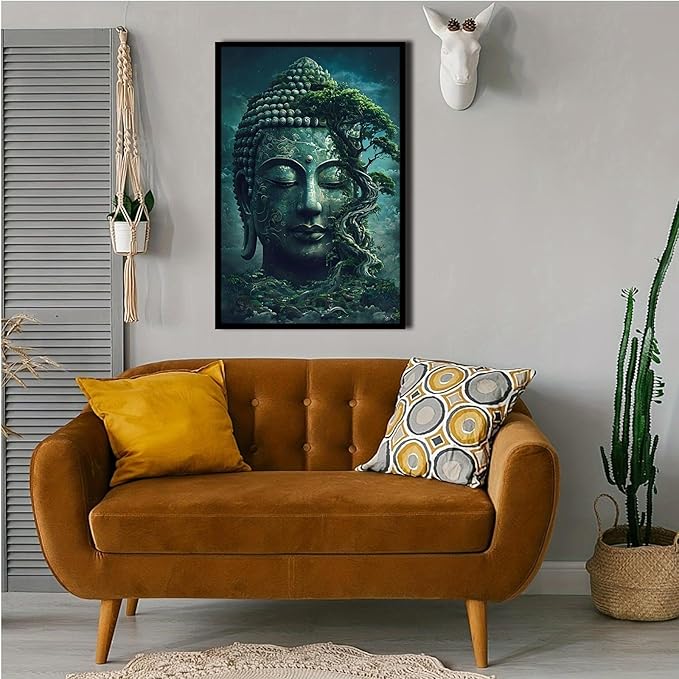 Buddha statue wall art canvas wall decor aesthetic picture mystical nature art for tranquil home and spiritual space 12x18in Metal blackFramed