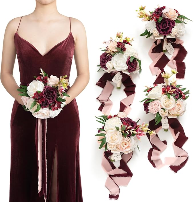 Ling's moment Artificial Flowers Marsala Red & Pink Bridesmaid Bouquet Set of 4, Wedding Flowers Bouquets for Bridesmaids, 7 Inch Bridal Bouquets for Bridesmaids, Wedding Decor, Ceremony, etc