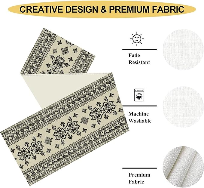 Black Floral Table Runner, Rustic Damask Antique Floral Retro Boho Art Linen Coffee Table Center Decor for Family Kitchen Farmhouse Holiday Party Table Decorations Indoor Outdoor 13x72 inch