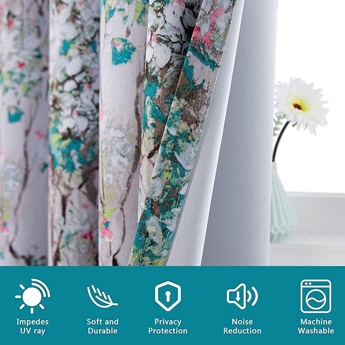 MYSKY HOME Floral Blackout Curtains 63 inch Length 2 Panels Pink Blue Privacy Protection Curtains for Bedroom Thermal Curtains for Living Room Grommet Watercolor Dining Room Window Curtains