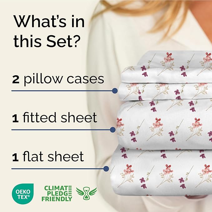 Floral Sheets - Pink & Purple Floral Bed Sheet Set - 1 Flat, 1 Fitted & 2 Pillowcases w/ Deep Pockets - Wrinkle & Fade Free - Boho Botanical Bedding - Ultra-Soft, Breathable a&Cooling - King Size Set