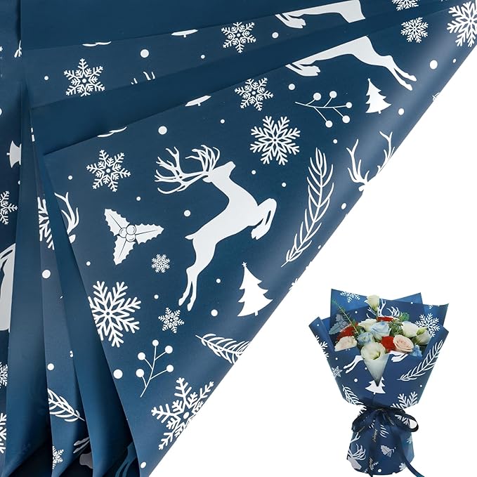 LeZakaa 20 Sheets Flower Wrapping Paper, Navy Blue Christmas Reindeer and Snowflake Design Waterproof Floral Bouquet Paper for Christmas, Winter Holiday Party Gift Packaging