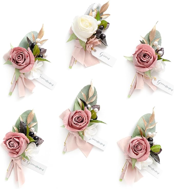 Ling's moment Boutonniere for Men, 6pcs Groom Groomsmen Boutonniere, Artificial Flowers for Wedding Decor/Prom/Homecoming, etc.Dusty Rose Mauve