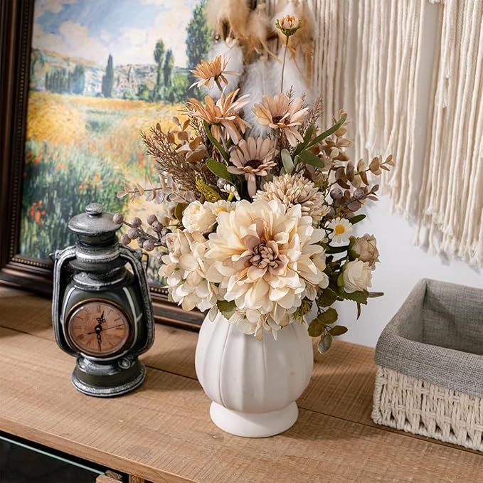 16-inch Artificial Fake Flowers Silk Table Arrangements Faux Plastic Floral Centerpieces for Home with Roses, Dandelions, Daisies, Hydrangea, Eucalyptus, Chrysanthemums and Hollyberries