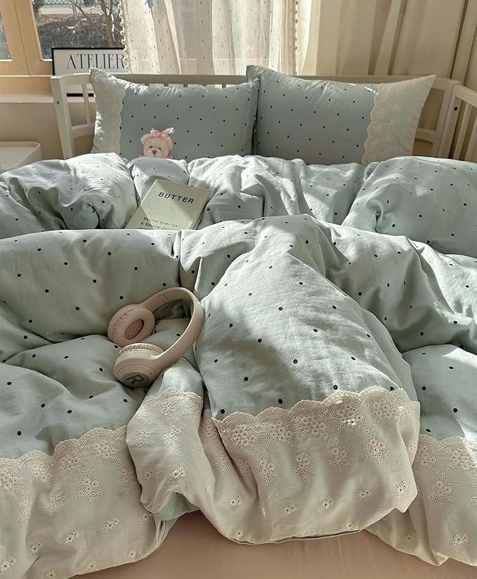 VM VOUGEMARKET Lace Comforter Set Queen Cute Black Dots Bedding Set,Soft Microfiber Princess Style Comforter/Quilt with 2 Pillowcases,Romantic &Elegant-Sage Green,90"x90"