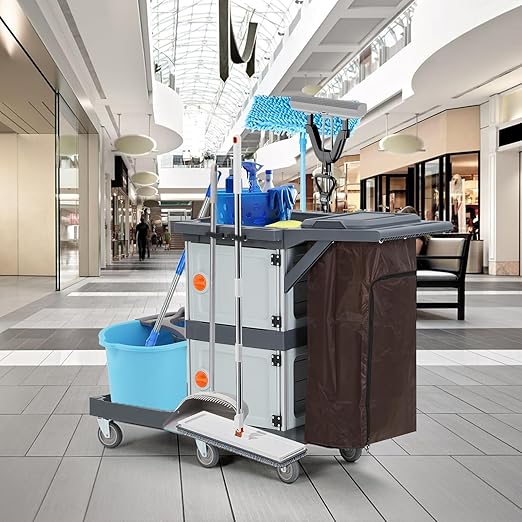 Janitorial Cart with 2 Cabinet, Commercial Traditional Janitorial 3-Shelf Cleaning Cart On Wheels with Cover and Vinyl Bag, Hotel Housekeeping Room Service Utility Cart, Grey