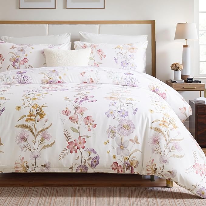 100% Cotton Duvet Cover Queen Size – Pastel Lavender Print Vintage Bedding Set with Zipper Closure, 3 Pieces Luxury & Silky Soft Comforter Cover for All Seasons