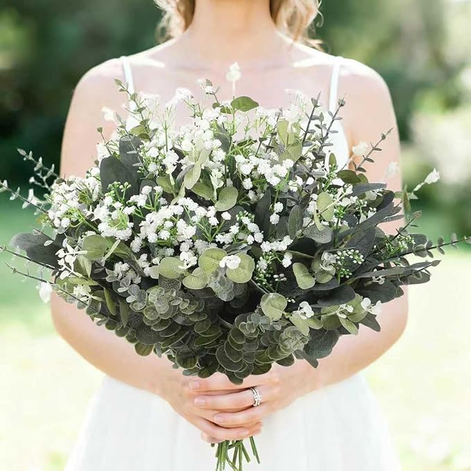 120 Pcs Mixed Artificial Eucalyptus Leaves Stems Bulk,Baby Breath Artificial Flowers Bulk with Eucalyptus Leaves Greenery Stems for DIY Bouquets Wedding Floral Home Decor (Green-120pcs)