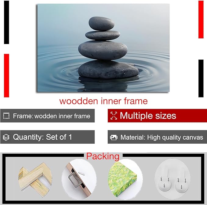 Zen wall art Harmonious grey stones stacked on a calm surface of water Serene Zen decor suitable for tranquil homes and spaces of meditation 28x40in Wood Framed