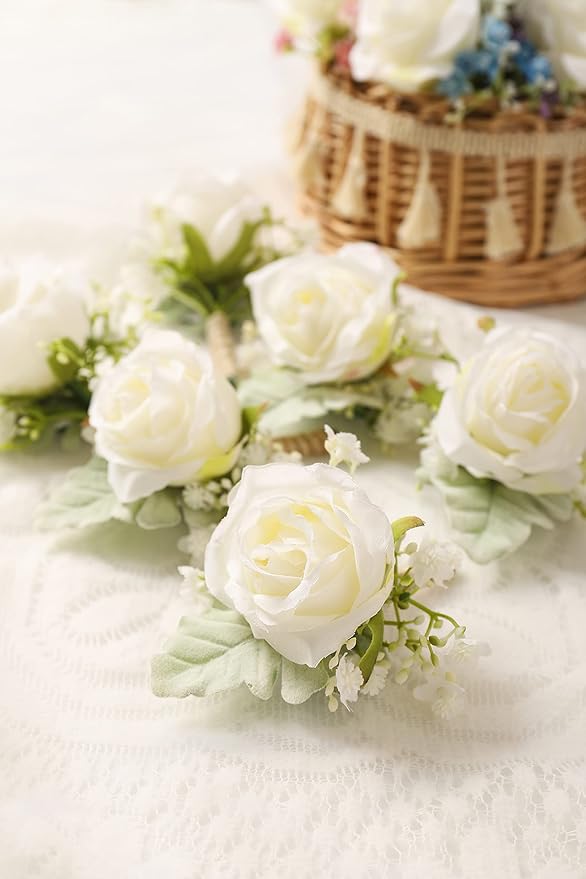 White Rose Boutonnieres for Men Wedding Ivory Baby's Breath Boutonniere for Best Men Groom Groomsmen Wedding Prom Homecoming Set of 6