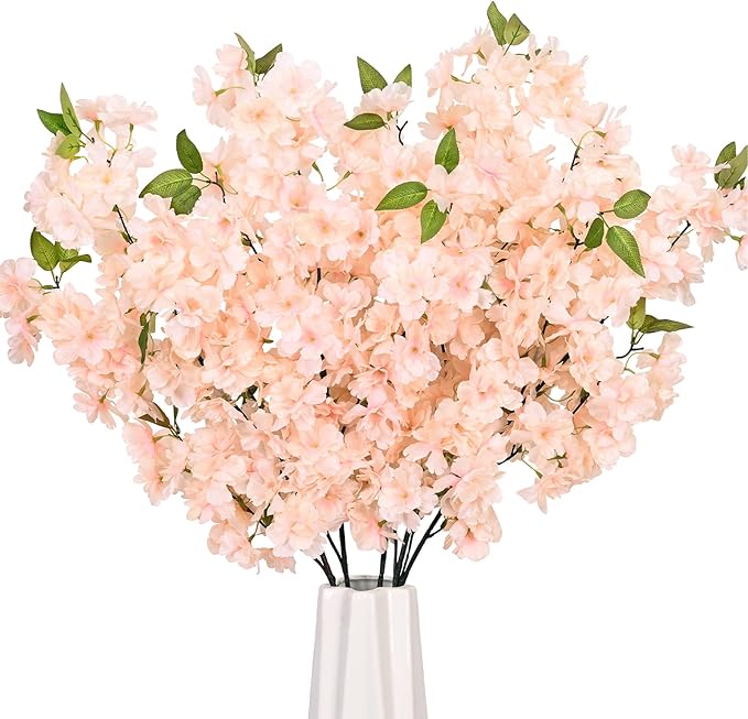 Sunm Boutique Champagne Faux Cherry Blossom Branches, Artificial Cherry Blossom Stems Cherry Blossom Flowers Vase Arrangements for Wedding Home Party Kitchen Decor, Set of 3