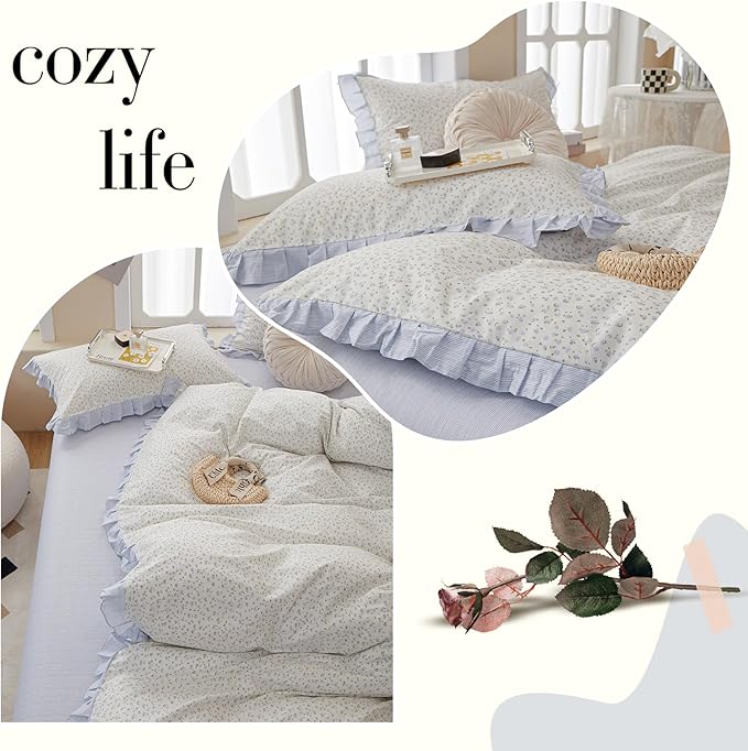 Garden Style Lace Duvet Cover Cute Blue Flower Print Ruffle Duvet Cover Twin Cotton Blue Striped Girls Floral Comforter Cover Lace Princess Bedding Set Vintage Floral Bedding Duvet Cover with Zipper