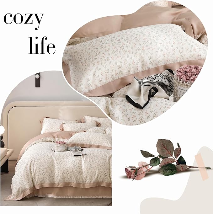 VM VOUGEMARKET Blush Pink Duvet Cover Twin Cooling Lyocell Teen Girls Flower Leaves Duvet Cover with Zipper Closure Romantic Ruffle Bedding Sets,Twin 68x86 Inch