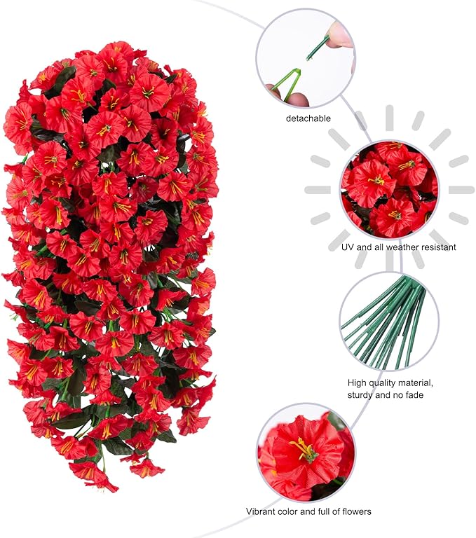 Artificial Faux Hanging Flowers Plants for Winter Christmas Outdoor Outside Decor, 2 PCS Fake Silk Red Morning Glory Long Vines UV Resistant Realistic for Home Porch Patio Balcony Planter Decoration