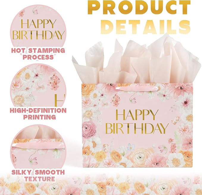 13” Large Wild Flower Gift Bag, Floral Design Happy Birthday Bag with Handles, Greeting Card, Tissue Papers for Women Girls Birthday Party Baby Shower Supplies Favors.（13in）