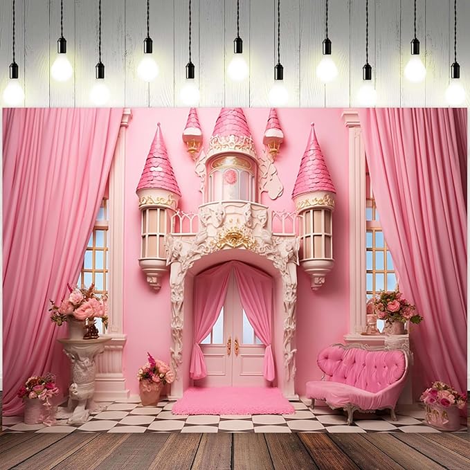 10x8ft Pink Castle Backdrop Room Door Curtain Photography Background Flowers Vases Sofa Princess Girl Birthday Banner Decorations Newborn Baby Shower Wedding Party Portrait Photo Booth Prop