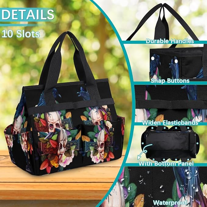 Garden Tool Tote Bag for Women Men Raven Skull Rose Gardening Tool Storage Bags with 10 Pockets Standable Garden Home Tool Kits Organizer for Indoor Outdoor Gardening Gifts
