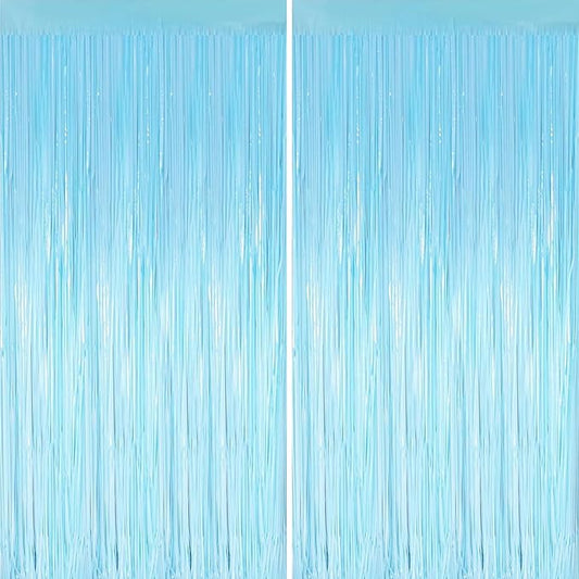 Keyali 2 Pack 3.3 * 8.3 ft Foil Curtain Metallic Tinsel Fringe Curtains Photo Booth Props Backdrop for Birthday Wedding Engagement Baby Shower Christmas Holiday Celebration Party，Macaron Light Blue