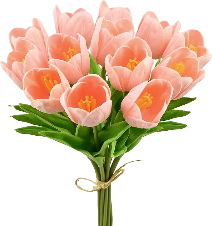 Mandy's Artificial Tulips 12 Stems Light Pink Partially Open PU Faux Flowers for Thanksgiving and Christmas Decorations Wedding Home Decor 13.5 Inch