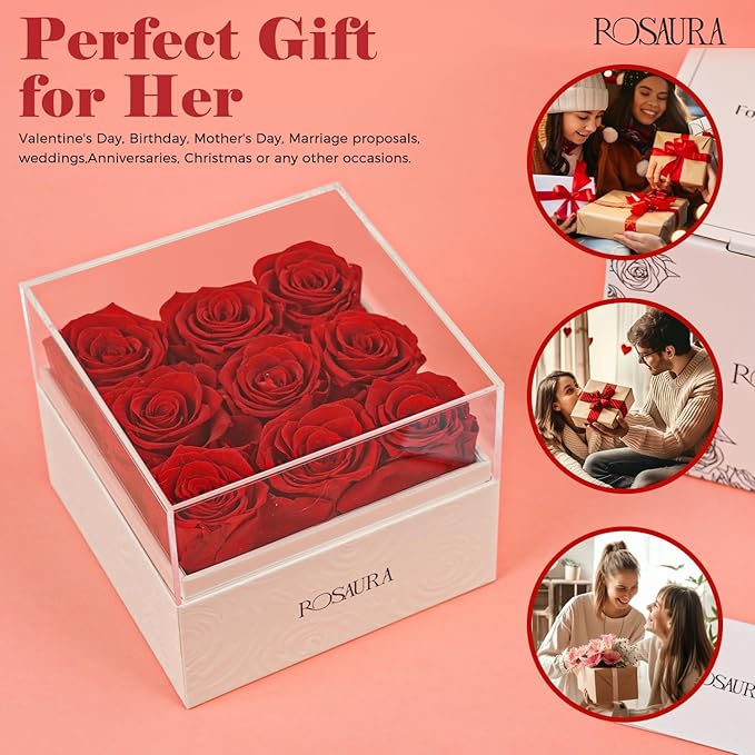 Rosaura Square Preserved Roses Gift Box - Real Forever Flowers in Clear Acrylic Lid, Valentine's for Women (red, 9 Roses)