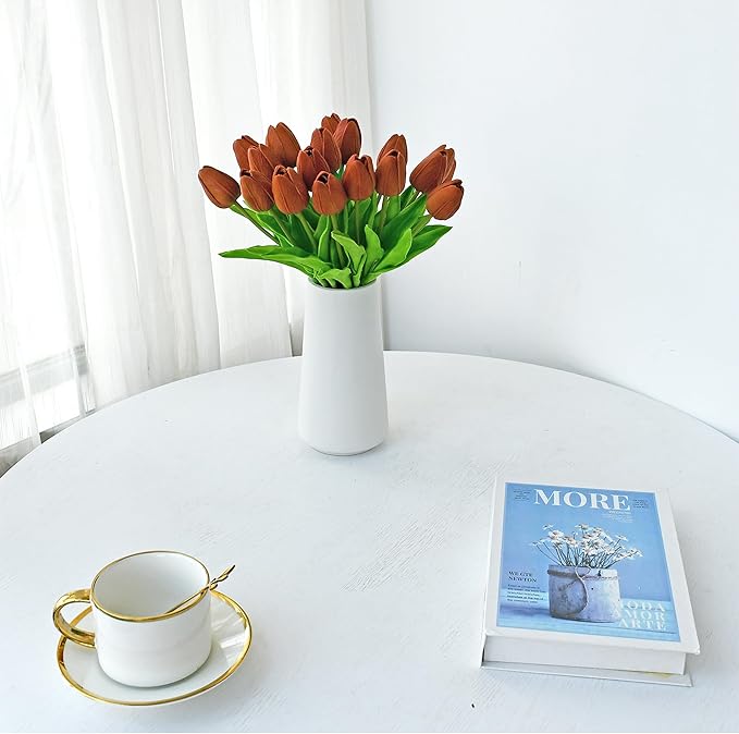 Mandy's Artificial Tulips 20 Stems Burnt Orange PU Faux Flowers for Thanksgiving and Christmas Decorations Wedding Home Decor 13.5 Inch