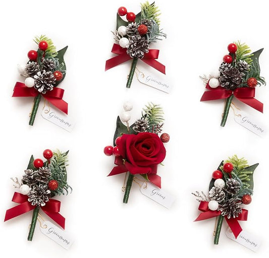 Ling's moment Boutonniere for Men, 6pcs Groom Groomsmen Boutonniere, Artificial Flowers for Wedding Decor/Prom/Homecoming, etc.Christmas Red Berry