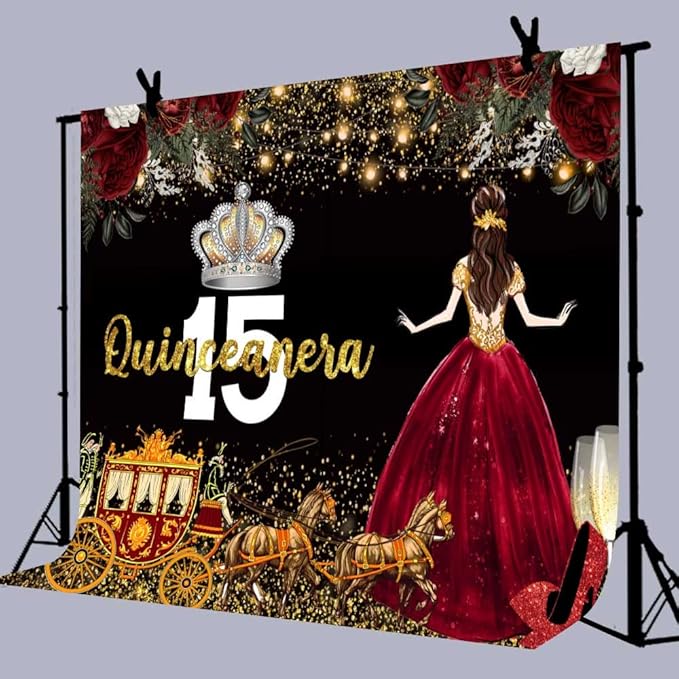 Red Dress Rose Flower Backdrops Quinceanera Birthday Backdrop for Girl Princess Happy 15th Bday Carriage Photography Props Cake Table Banner 10x7FT BJLSLU310