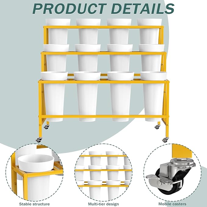 Asee'm Flower Display Stand with 12 Buckets, 3-Tier Flower Stand with Wheels, Heavy Duty Moving Metal Plant Bar Cart Stands Florist Bouquet Shelf for Indoor Outdoor Patio Garden(Gold - Round Bucket)