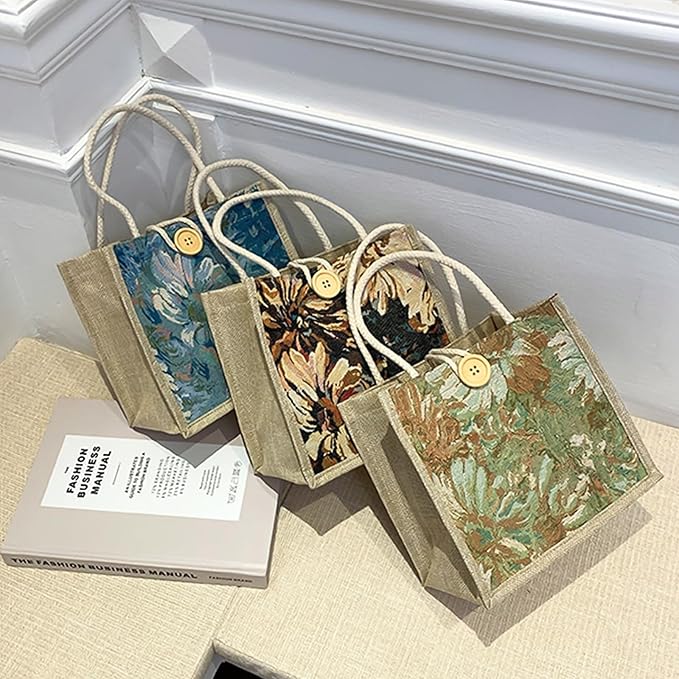 Women Tote Bag,2Pcs Jute Casual Tote's Handbag Embroidered Personalized Bento Bag,Reusable Grocery Bags Shopping Bags
