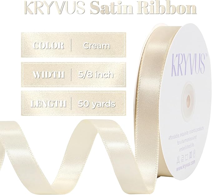 Cream Satin Ribbon, Double Faced 5/8 Inch X 50 Yards Cream Ribbon, Premium Satin Ribbon for Gift Wrapping, Crafts, Hair Bow Making, Sewing, Flower Bouquet, Wedding Party Decor