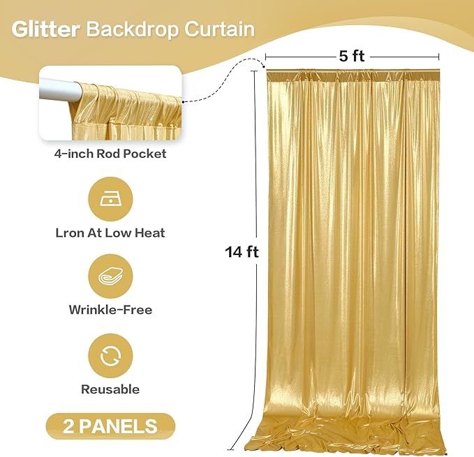 gogoparti 10x14FT Gold Sequin Backdrop Curtain - 2 Panels of 5x14FT Wrinkle-Free Reusable Glitter Drapes for Photography, Weddings, Birthdays & Parties