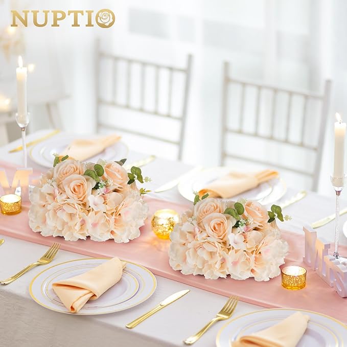 NUPTIO Flower Ball Arrangement Bouquet: 10 Pcs 11.8 inch Diameter Champagne Rose Fake Flowers Balls for Wedding Centerpiece Decorations Artificial Flower Centerpieces for Tables