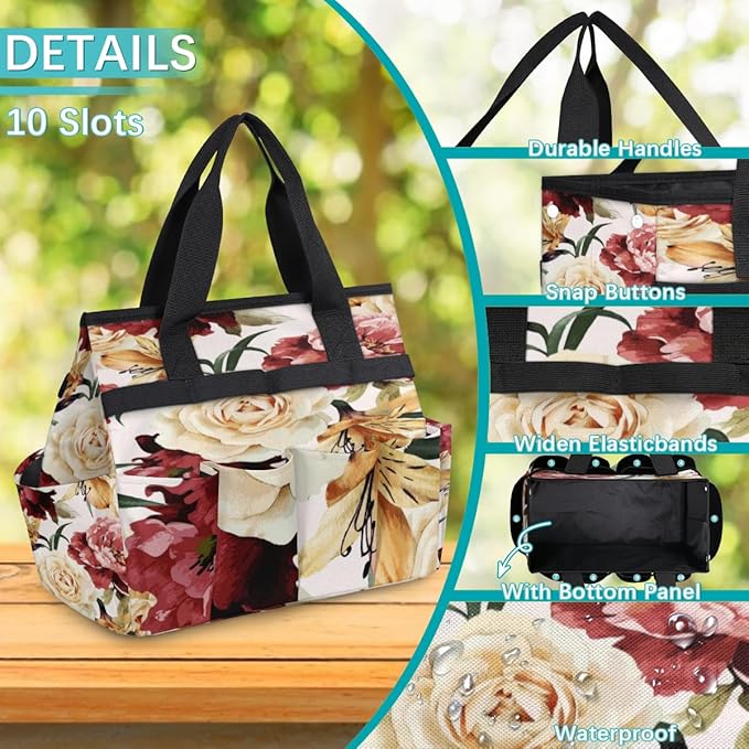 Floral Flower Pattern Garden Tool Tote Bag for Women Men Gardening Tool Storage Bags with 10 Pockets Standable Garden Home Tool Kits Organizer for Indoor Outdoor Gardening Gifts