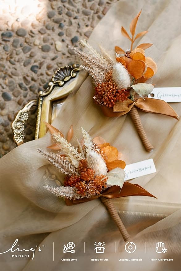 Ling's moment Boutonniere for Men, 6pcs Groom Groomsmen Boutonniere, Artificial Flowers for Wedding Decor/Prom/Homecoming, etc.Rust Boho Terracotta