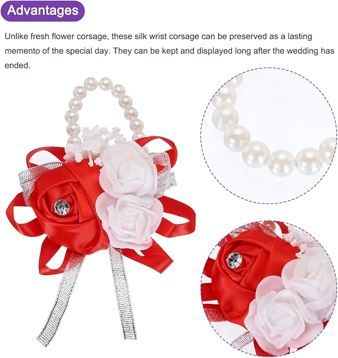 MECCANIXITY 3Pcs Wrist Corsage Artificial Flower Bracelets Rose Wrist Bride Groom Decorative for Wedding Ceremony Prom Party Anniversary Red