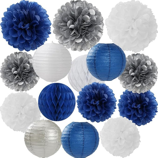 Navy Blue Silver White Paper Flowers Tissue Pom Poms Honeycomb Lanterns 15pcs Royal Party Decorations Boy Birthday Wedding Baby Bridal Shower Bachelorette Graduation Hanging Supplies Mprocherify