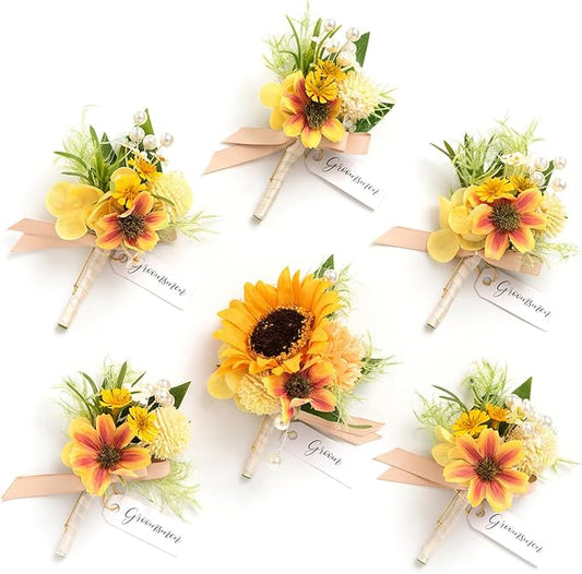 Ling's moment Boutonniere for Men, 6pcs Groom Groomsmen Boutonniere, Artificial Flowers for Wedding Decor/Prom/Homecoming, etc.Sunflower Yellow