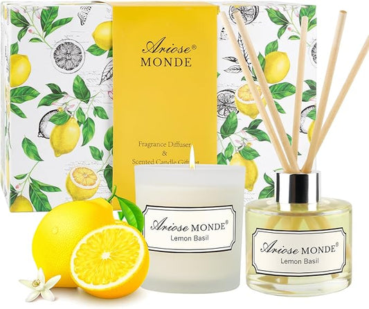 Reed Diffuser & Scented Candle Gift Set, Lemon Basil Oil Diffuser Sticks, Fragrance Diffuser & Soy Wax Candles in Glass Jar, Natural Soy Candles Gifts for Home Decor