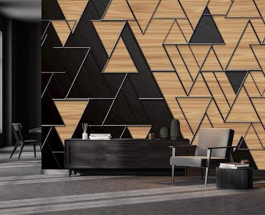 Cliouar-Geometric Illustration Dark Gray and Gold Triangles with Embossed Lines Peel and Stick 137" x 102"