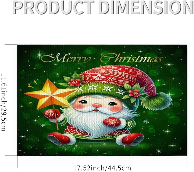 Xmas Christmas Green Santa Claus Placemats Set of 6 PVC Vinyl Non Slip Table Mats Heat Resistant Place Mats Washable Wipeable Dining Table Mat for Kitchen Decor Party Indoor Outdoor Decorative Gift