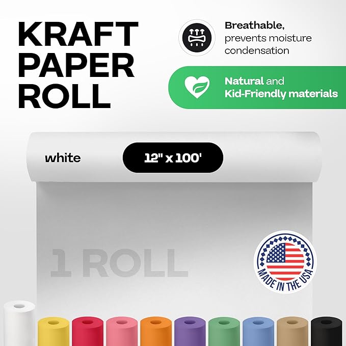 12" x 1200" (100 feet) White Kraft Paper Roll - USA-Made Quality Craft Paper for Gift Wrapping, Kids' Arts & Crafts, School Projects - 100% Recycled Natural Material 50lb Thickness by IDL Packaging