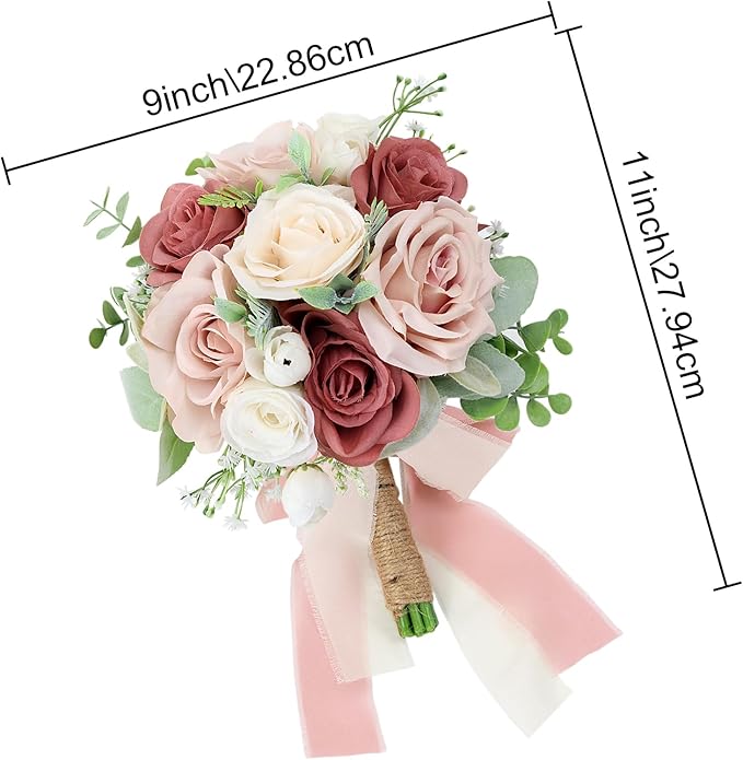 Set of 2 Bridesmaid Bouquets for Wedding - 7 Inch Artificial Flowers Bouquets for Ceremony Anniversary Centerpieces Decorations - Pink and White
