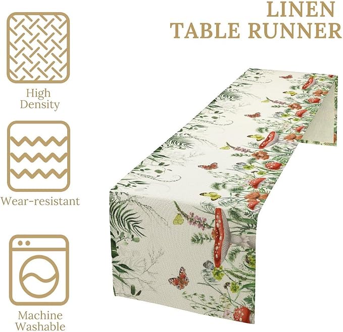 Watercolor Mushroom Table Runner, Boho Vintage Green Plant Butterfly Wildflower Eucalyptus Leaf Print Table Cover for Home Holiday Party Indoor Outdoor, 13x108inch