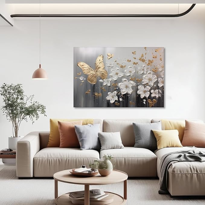 KPLUNDO Glod Butterfly Wall Art White Flower Canvas Prints Wall Decor Gray Poster Landscape Picture Modern Artwork Home Decor for Office Living Room Bedroom Bathroom Decoration(Art-1,24.00x36.00 inch)
