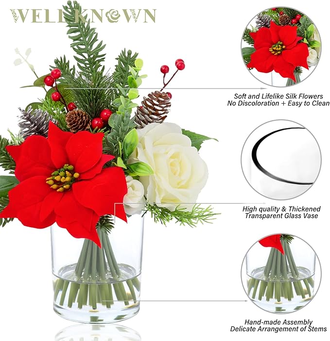 Artificial Flowers in Vase, Christmas Flower Bouquet Coffee Table Centerpieces with Faux Water for Winter Home, Fake Silk Poinsettia & Pinecorn Arrangement for Xmas Party Decor Gift (Red & Green)